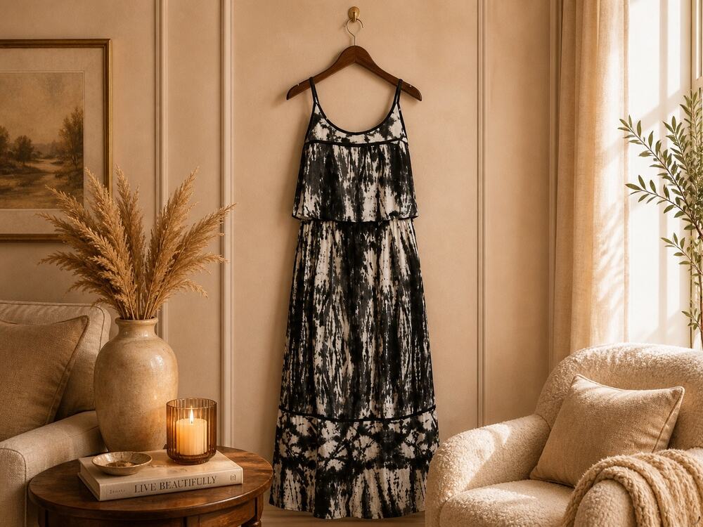 Suzi Chin Silk Maxi Dress 14 Gray Black Strappy Elastic Waist Boho Resort Chic